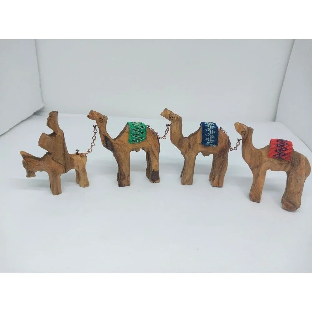 Vtg Donkey Camel Caravan Train Figurines Hand Carved Olive Wood Jerusalem 4 pc.